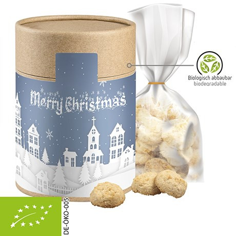 Bio Weihnachts Kokos Kekse, ca. 100g, Beutel in biologisch abbaubare Eco Pappdose Maxi