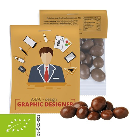 Bio Schoko-Erdnüsse, ca. 15g, Express Midi-Tüte mit Werbereiter
