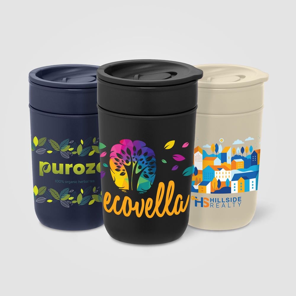 Danube - 355 ml Keramikbecher mit Außenwand & Deckel aus recyceltem Kunststoff