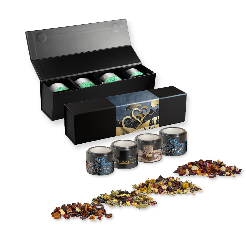 Verschiedene Teesorten, , ca. 60-140g, Geschenk-Set Premium schwarz mit Magnetverschluss und 4 Metalldosen Mini mit Sichtfenster
