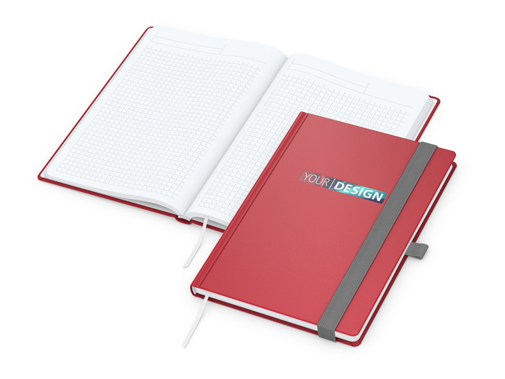 Notizbuch Vision-Book, A5, White, Winkelkaro, rot, Siebdruck-Digital