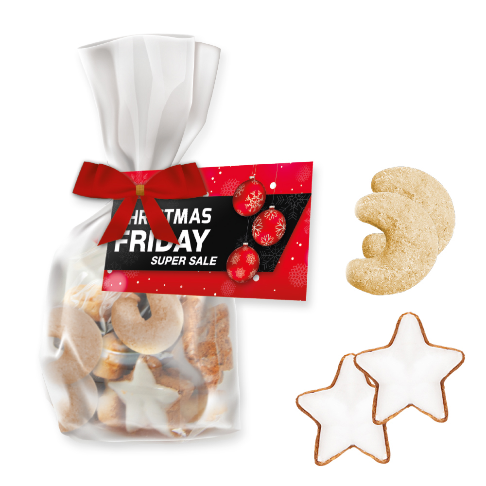 Weihnachtsgebäck Mischung, ca. 115g, Express Standbeutel Midi mit Schleife mit Werbekarte