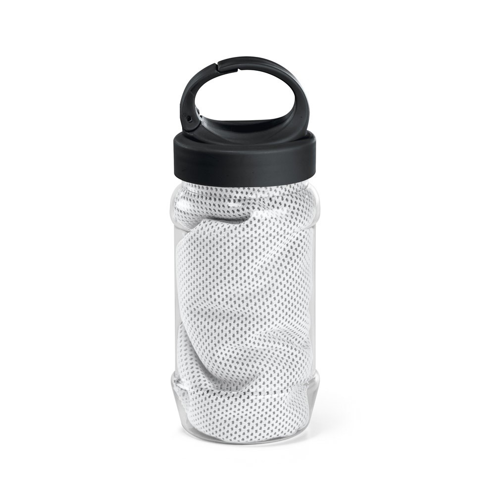 ARTX PLUS. Sporthandtuch aus Polyamid und Polyester mit Flasche (440 mL) aus PP und PET und einem integrierten Karabinerhaken am Deckel - weiß