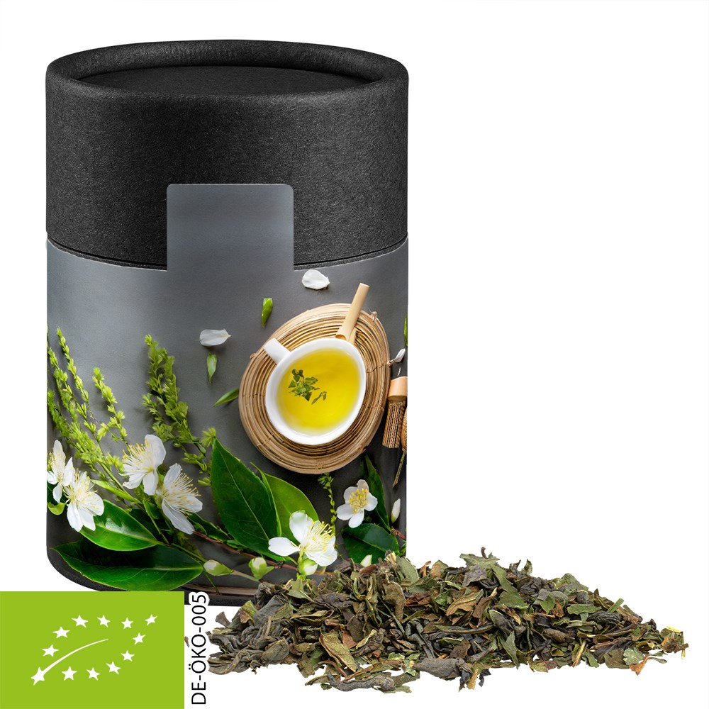 Bio Grüner Tee mit Minze, ca. 30g, Kraftpapierdose Midi schwarz