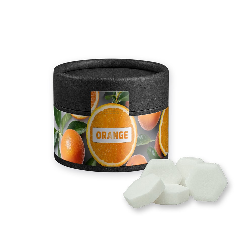 Traubenzucker Orange Drops, ca. 40g, Kraftpapierdose Mini schwarz