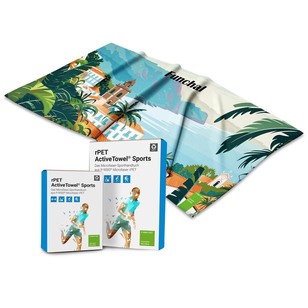 rPET ActiveTowel® Sports 130x70 cm im Polybeutel individueller Klappkarte, All-Inclusive-Paket