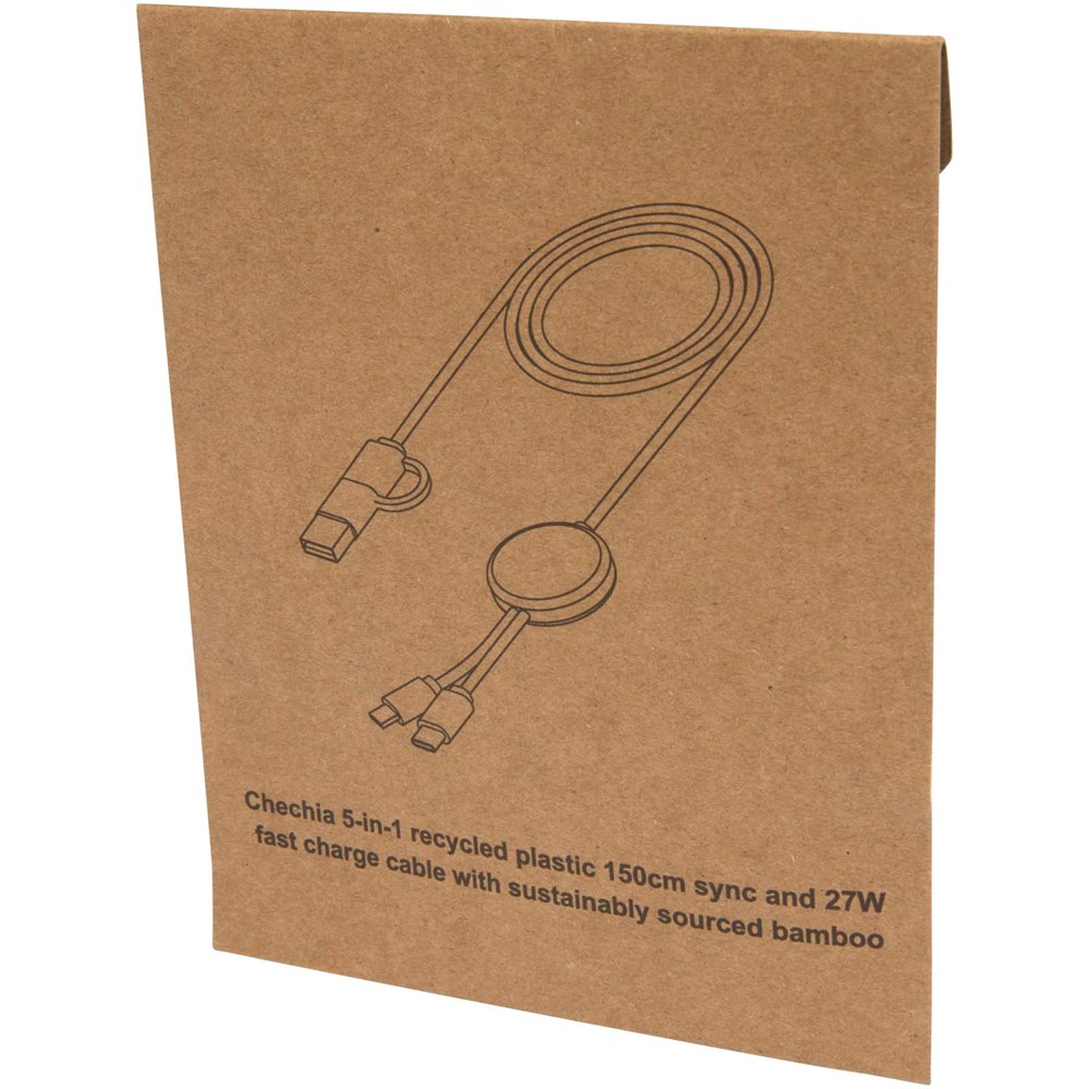 Chechia 150 cm 5-in-1 Kabel aus recyceltem Kunststoff für Datenübertragung und 27W Schnellladung mit Bambusdetails