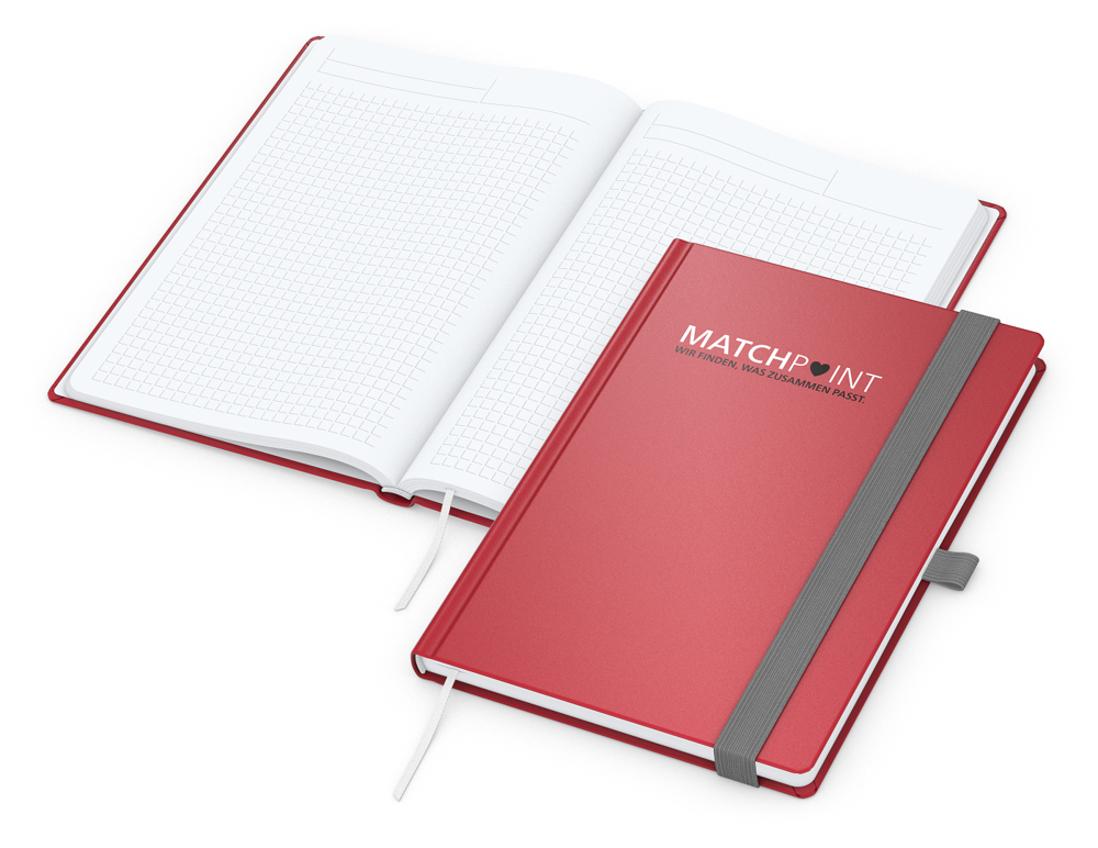 Notizbuch Vision-Book, A5, White, Winkelkaro, rot, Siebdruck-Digital