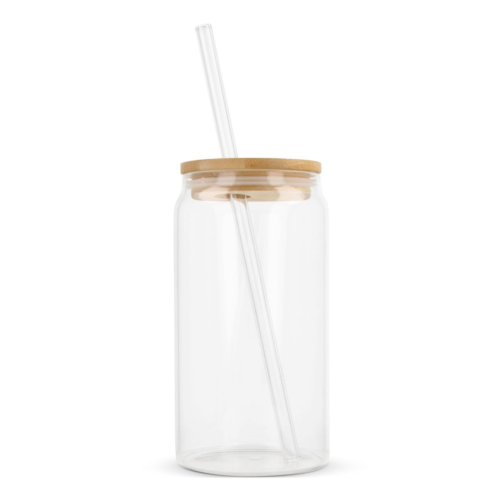 Glas mit Bambusdeckel &amp; Strohhalm 450ml