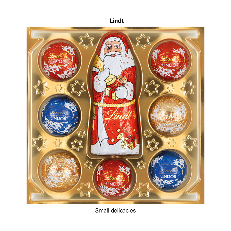 Lindt Präsent im Werbeschuber "Weihnachtsmütze", Kleine Kostbarkeiten Santa