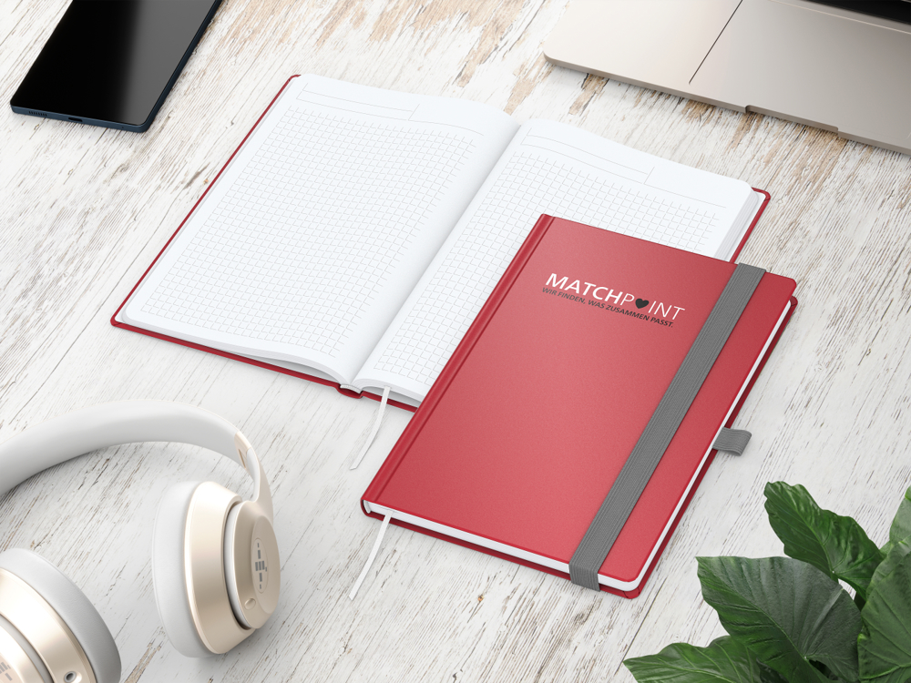 Notizbuch Vision-Book, A5, White, Winkelkaro, rot, Siebdruck-Digital