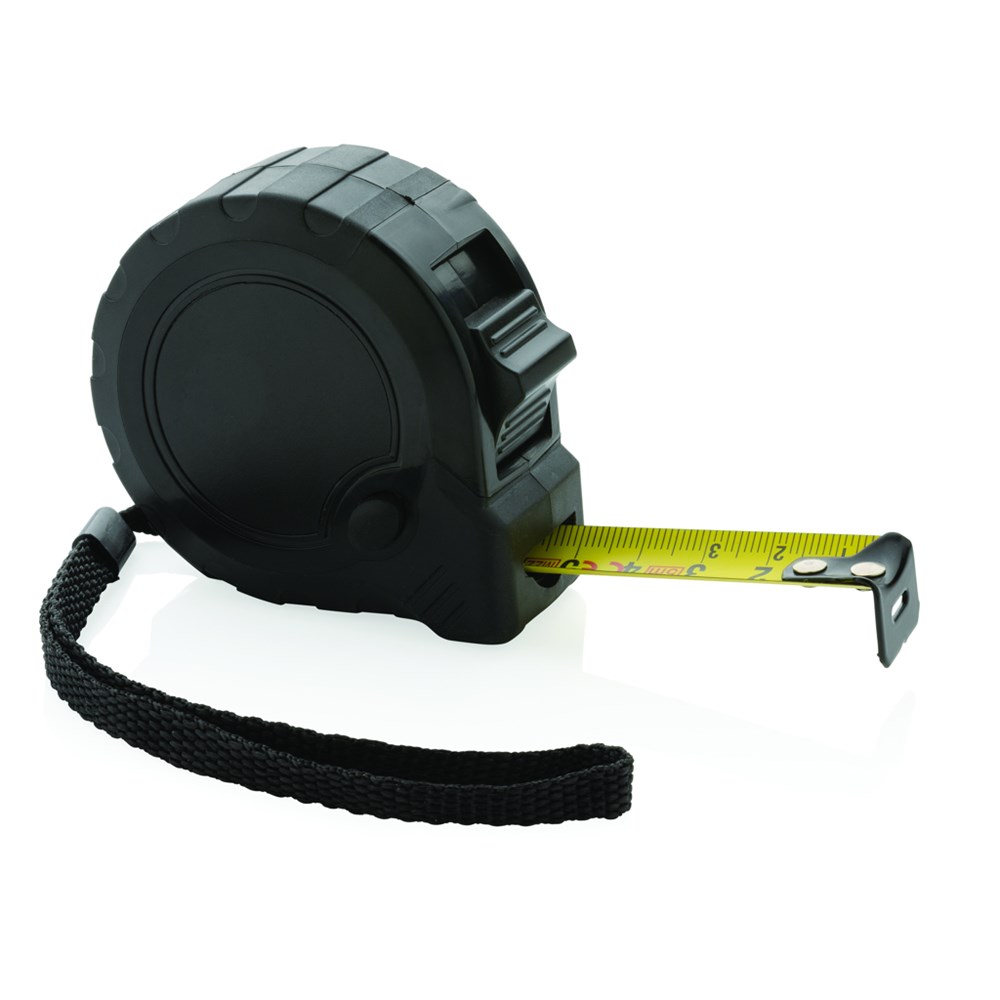 5m/19mm Maßband mit Stop-Taste aus RCS recycelt. Kunststoff - schwarz (± PMS Black)